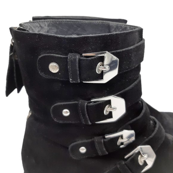 Stuart Weitzman Jitterbug Moto Black Suede Buckle Boots - Picture 3 of 16